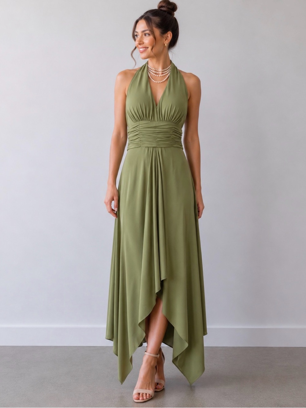 Alfred Angelo Women's Sage Green Backless Halter A-Line Highlow Dress Ruched